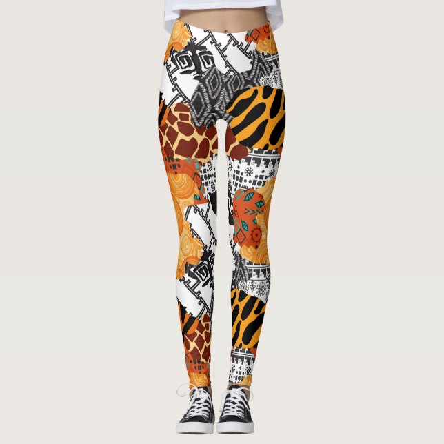 Legging Pernas de design cor branca e laranja de animalado (Frente)