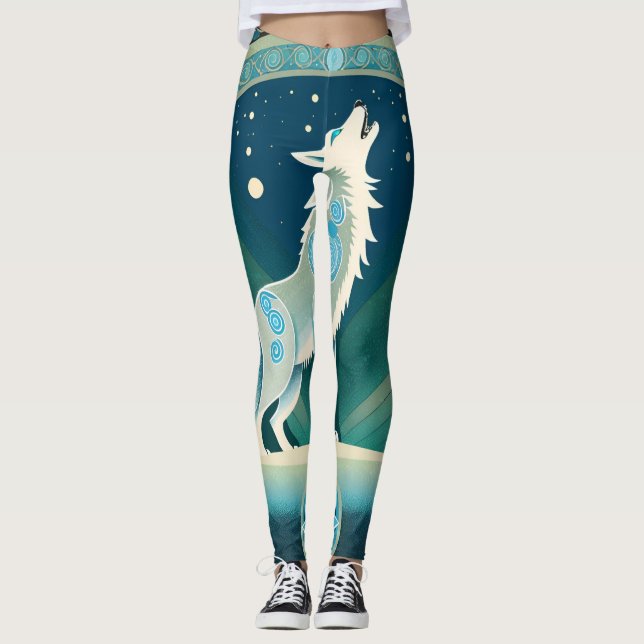 Legging Pernas de design do Lobo de Uvas Celtas em Tons Az (Frente)