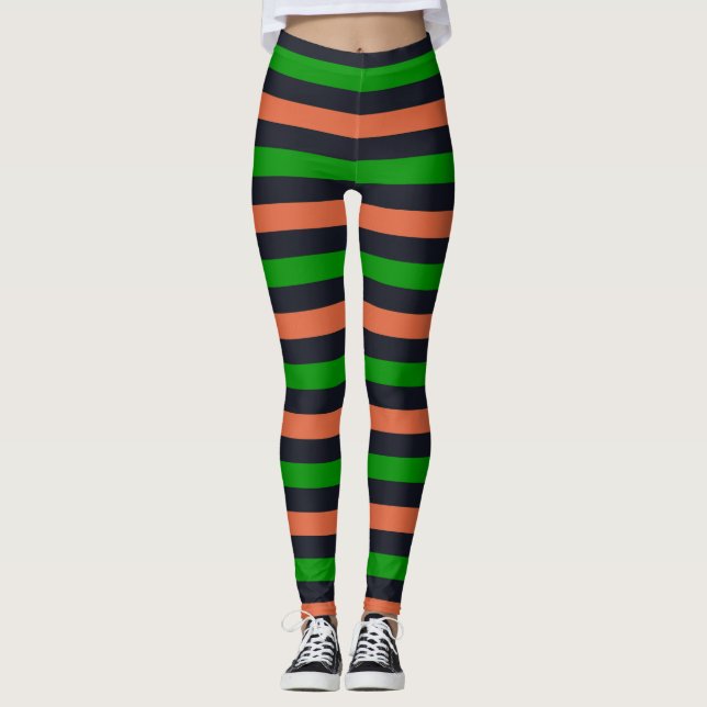 Legging Pernas de Dia das Bruxas em Laranja Negro Verde (Frente)