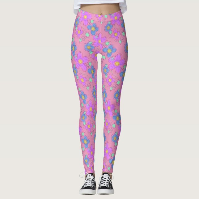 Legging Pernas de Impressão do ponto do rabo da flor rosa  (Frente)