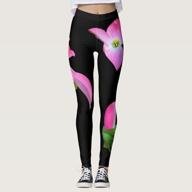 Legging Pernas de Impressão Floral de Dogwood Rosa (Frente)