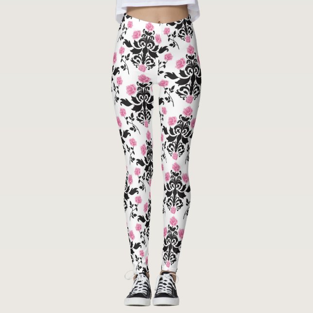 Legging Pernas de mulheres, Damasco Rosa/Branco (Frente)