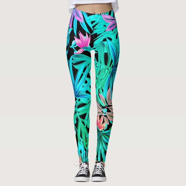 Legging Pernas de palmeiras tropicais fluorescentes (Frente)