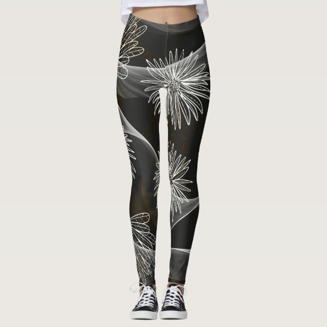 Legging Pernas escuras com flores brancas grandes e espira (Frente)
