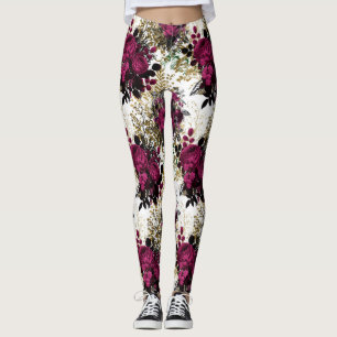 Legging Pernas Florais de Mulheres da Fúchsia Rosa