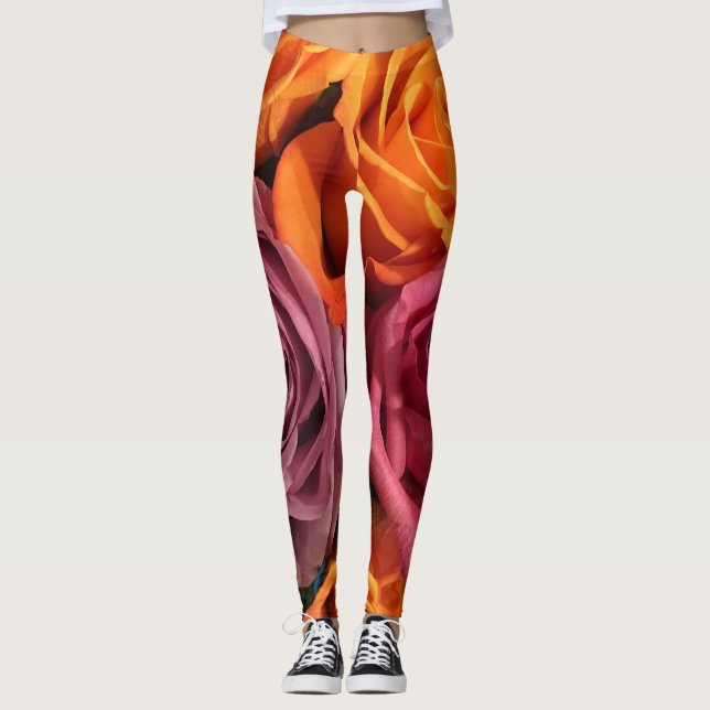 Legging Pernas Florais De Rosa Rust Laranja Púrpura (Frente)