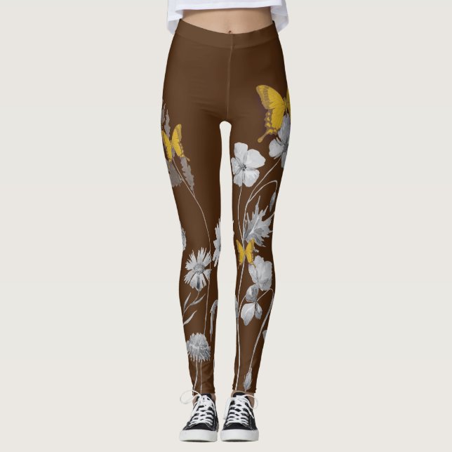 Legging Pernas florais e borboletas castanhas (Frente)