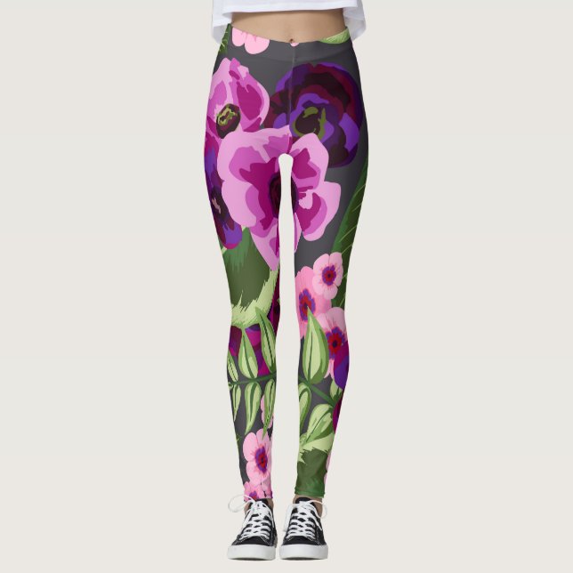 Legging Pernas Florais Roxas, Rosa, Verdes (Frente)