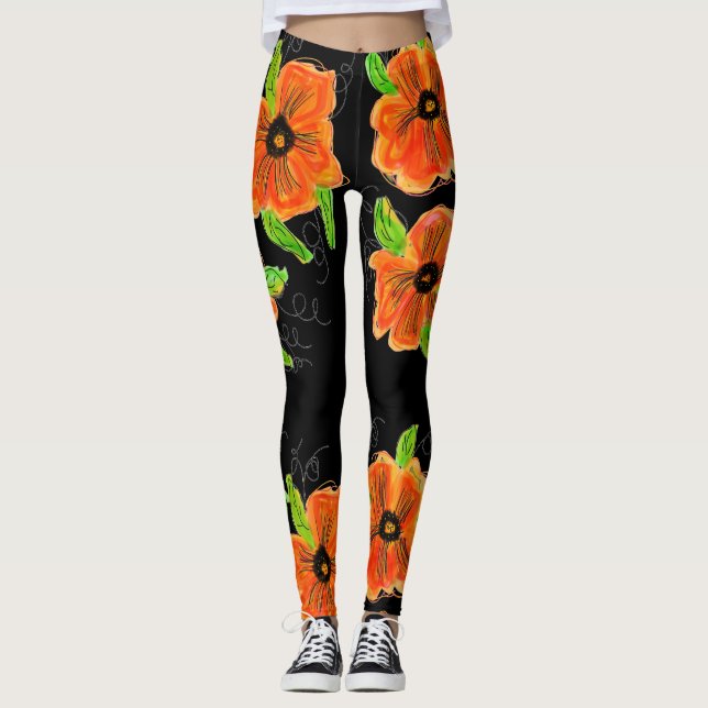 Legging Pernas Flores Laranja Brilhantes (Frente)