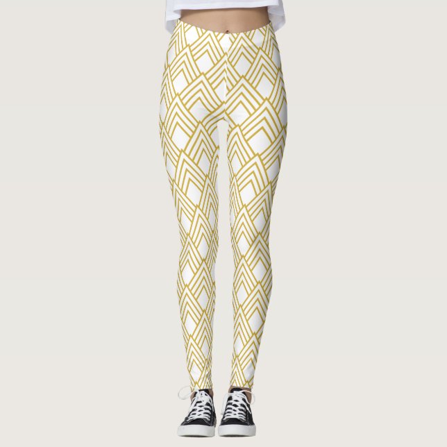 Legging Pernas geométricas abstrato, brancas e douradas (Frente)