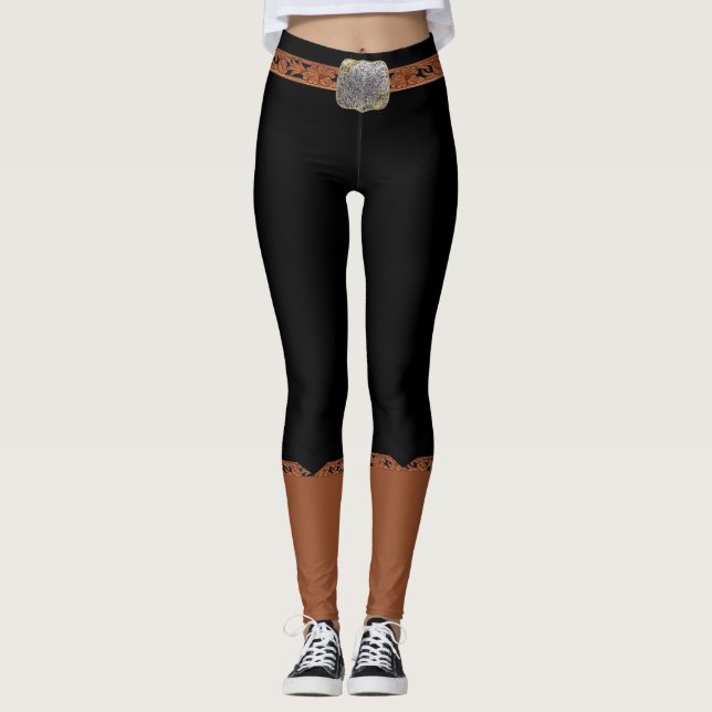 Legging Pernas Negras Com Cinturão Faux E Raízes De Cowboy (Frente)