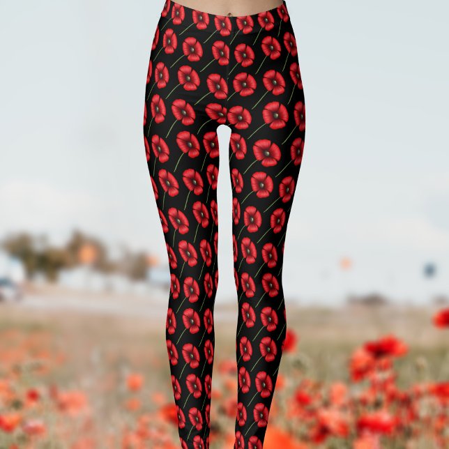 Legging Pernas Negras Vermelhas de Padrão Flor Moderno (Poppy pattern leggings to pop on when you feel like a pop of color in your life)