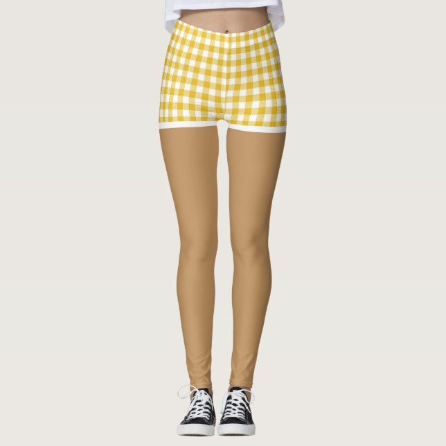 Legging Pernas Perfeitas em Shorts Xadrez Amarelo Moderno (Frente)