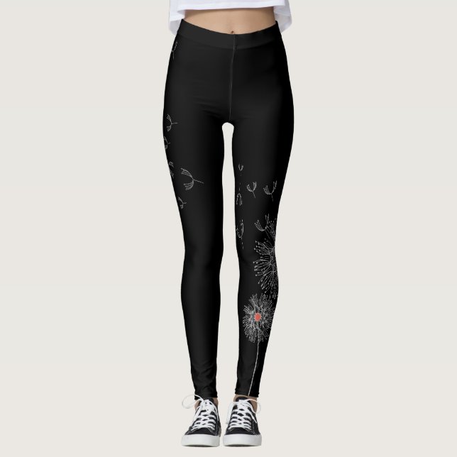 Legging Pernas pretas com Impressão de Dandelion numa pern (Frente)