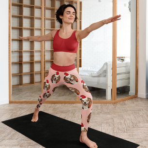 Legging Pet Photo Rosa Dourado Red Santa Hats Natal