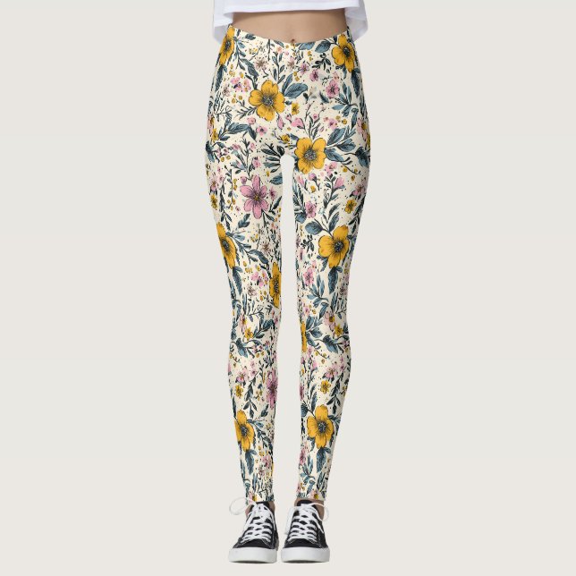 Legging Petals & Pizzazz: Um Padrão Floral Primavera (Frente)