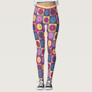 Legging Pickleball - padrão geométrico, roxo e amarelo.