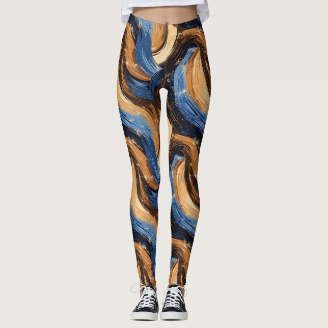 Legging Pincéis de Abstrato Curly em Azul e Castanho (Frente)