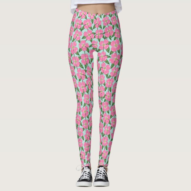 Legging pinheiro florado cor-de-rosa estampado em aqua (Frente)