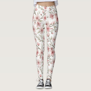 Legging Pink Cherry Blossom Sakura Padrão em Branco (5)
