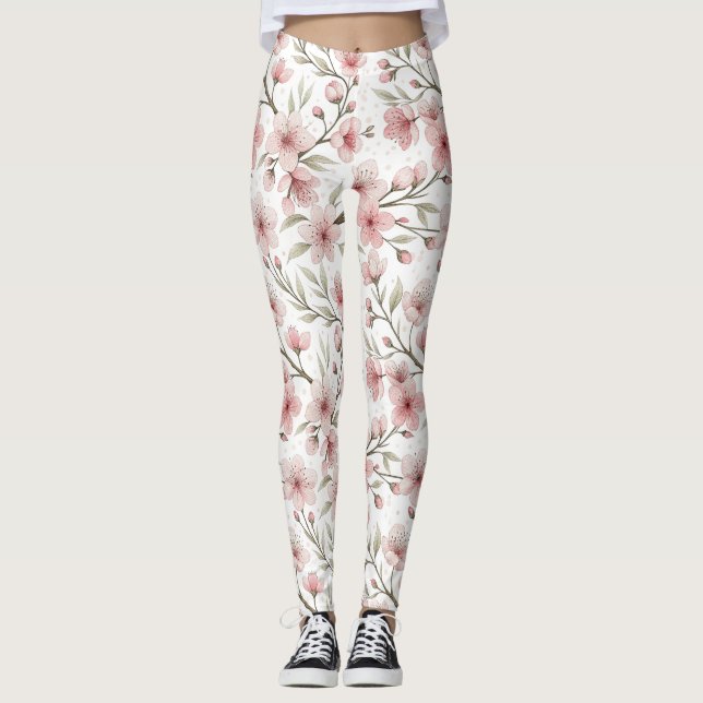 Legging Pink Cherry Blossom Sakura Padrão em Branco (5) (Frente)