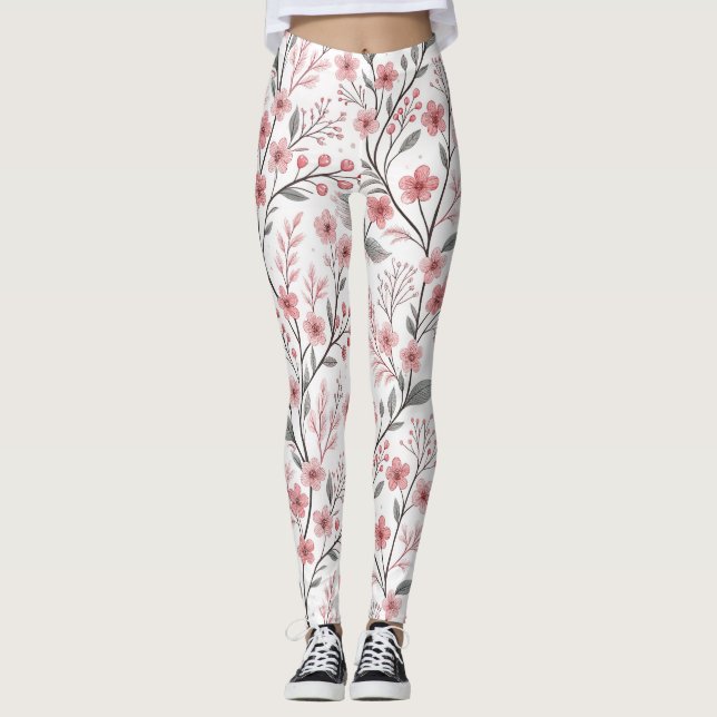 Legging Pink Cherry Blossom Sakura Pattern on White (1) (Frente)