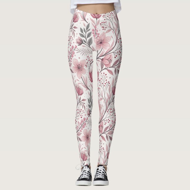 Legging Pink Cherry Blossom Sakura Pattern on White (3) (Frente)