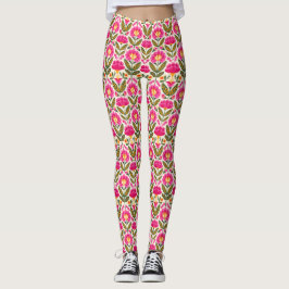 Legging Pink Mexican Talavera Flowers BOHO Chic Floral 