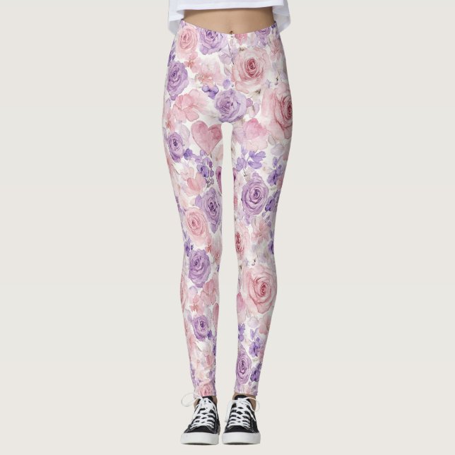 Legging Pink Purple Blush Flowers Hearts  (Frente)
