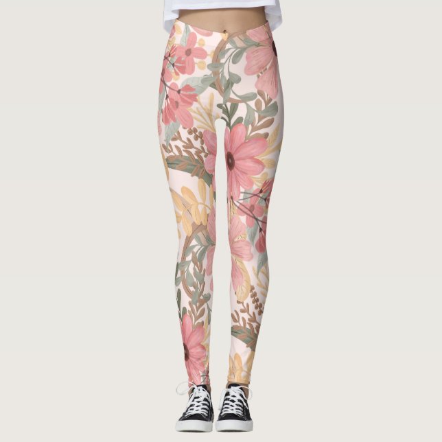 Legging Pink Sage Green Floral deixa padrão de aquarela (Frente)