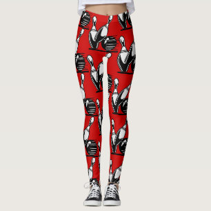 Legging Pinos de Boliche Retro Preto e Branco sobre Vermel