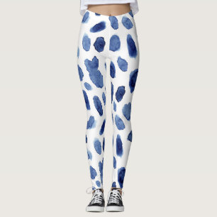 Legging Pintado À Mão, Manchas Azuis De Aquarela.