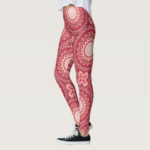 Legging Pintado Brilhante Padrão de Medalhão em Vermelho