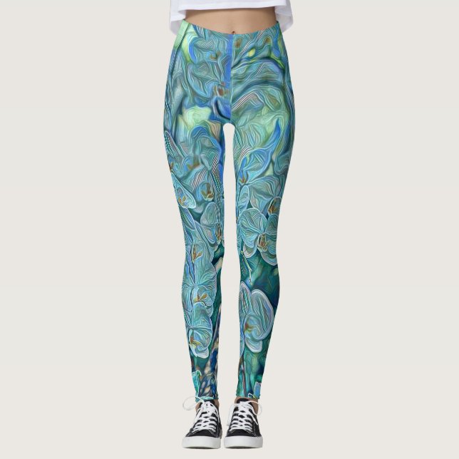 Legging Pintor de orquídeas púrpura azul (Frente)