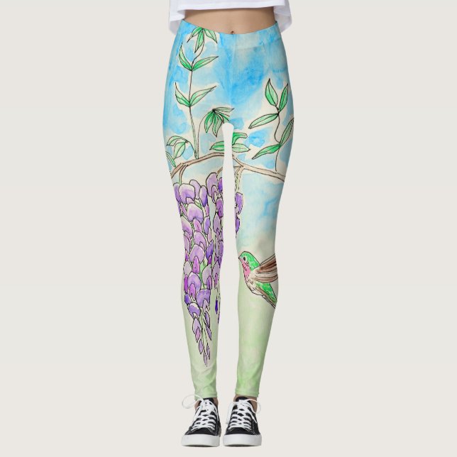 Legging Pintura de Hummingbird e Wisteria (Frente)
