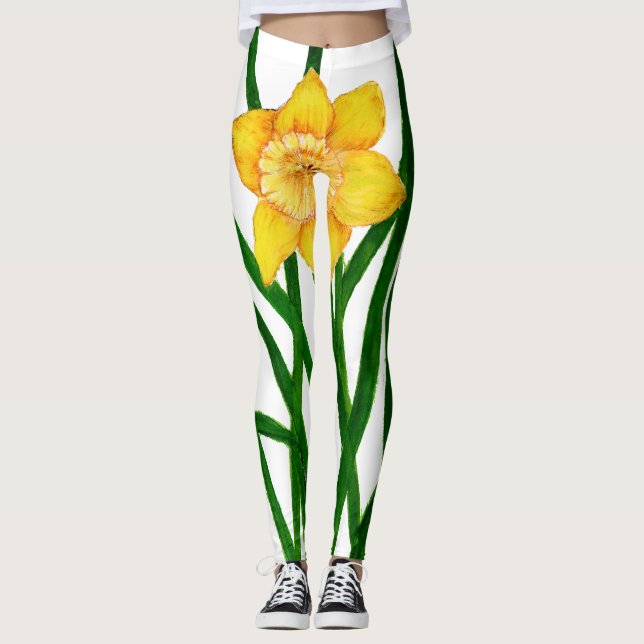 Legging Pintura Por Aquarela Amarela Daffodil Floral (Frente)