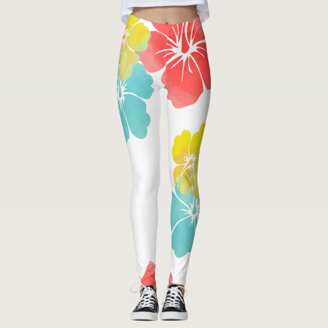 Legging PixDezines Hibisco/Amarelo/Laranja/Azul Claro/DIY  (Frente)