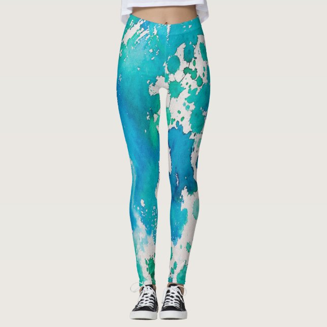 Legging Placas de aquarela brancas azuis (Frente)