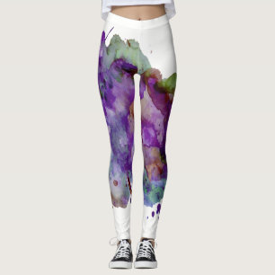 Legging Planilha de pintura de cor d'água verde e roxa exc