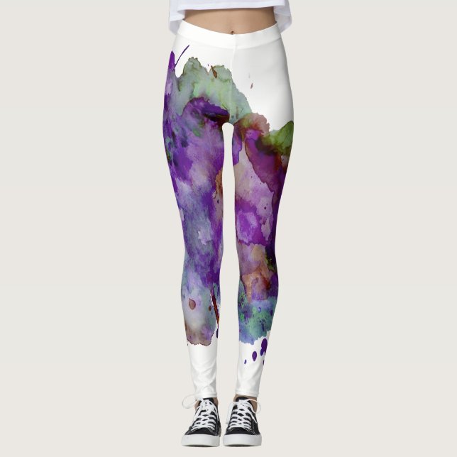 Legging Planilha de pintura de cor d'água verde e roxa exc (Frente)