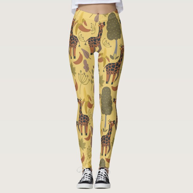 Legging Plano de fundo amarelo sem costura Giraffe (Frente)