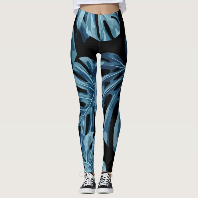 Legging Planta de Monstera: padrão das folhas azuis. (Frente)
