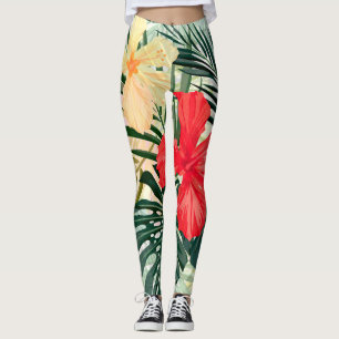Legging Plantas tropicais havaianas, flores coloridas.