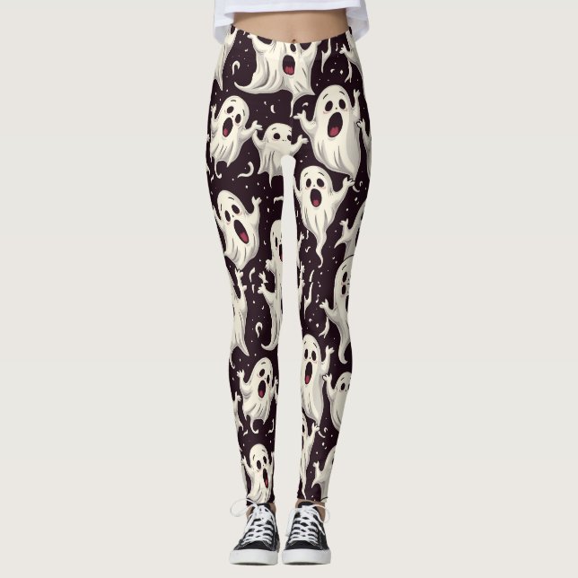 Legging Playful Scary Ghost Patterno para a Noite de Hallo (Frente)