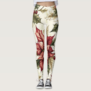 Legging Poinsettia Padrão Floral de Natal (4)