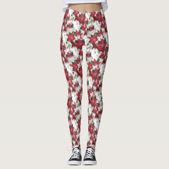 Legging Poinsettias Vermelhas e Brancas (Frente)