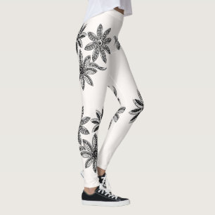Legging Polinésia Tatuagem Floral Black White Line