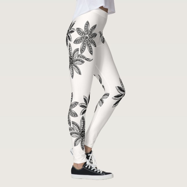 Legging Polinésia Tatuagem Floral Black White Line (Direita)