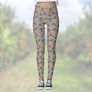 Legging Pomegranates Oranges and Ferns Vintage Dusty Blue