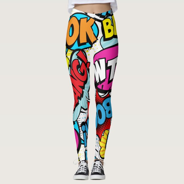 Legging Pop Art Comic: Padrão Retro Invisível (Frente)